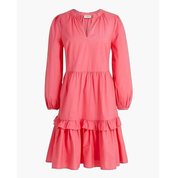 J Crew Tiered Ruffle Dress L Pink Cotton Poplin 3/4 Sleeves Elastic Cuffs V-Neck - Picture 4 of 12
